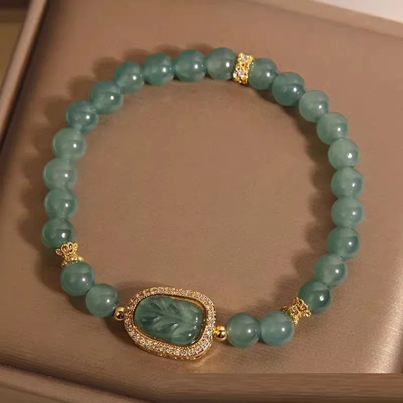 New Chinese style blue water jade bracelet with leaf pendant for women, light luxury design