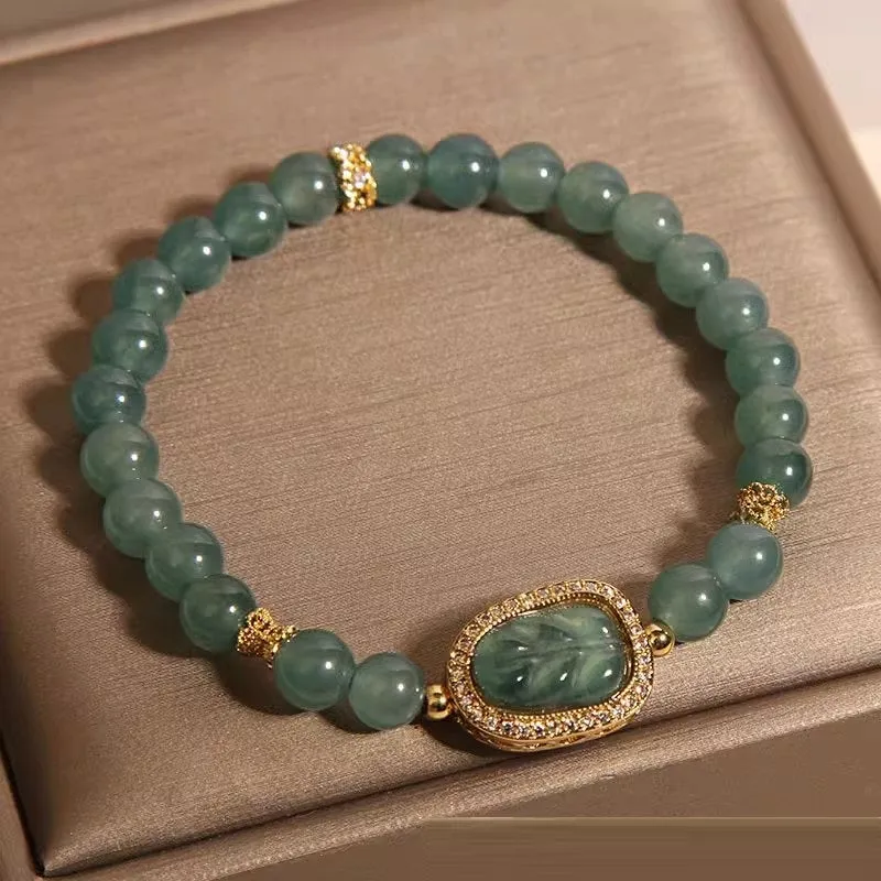 New Chinese style blue water jade bracelet with leaf pendant for women, light luxury design