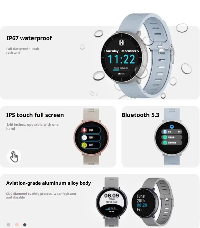 Gray MP3 player watch with 1.4-inch TFT screen, Bluetooth, loud speaker, and alarm clock on a wrist