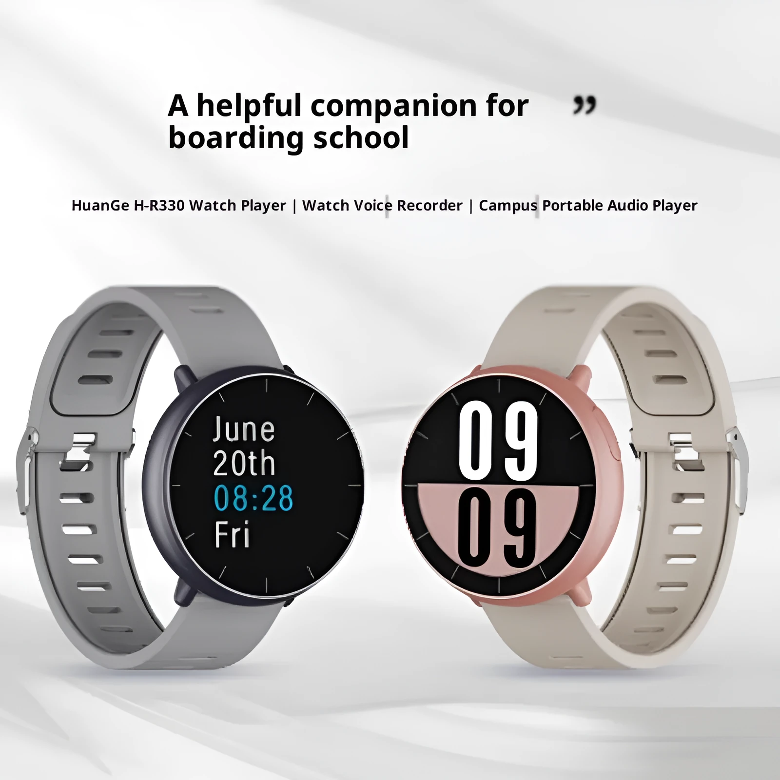 Gray MP3 player watch with 1.4-inch TFT screen, Bluetooth, loud speaker, and alarm clock on a wrist