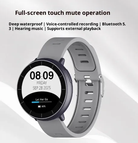 Gray MP3 player watch with 1.4-inch TFT screen, Bluetooth, loud speaker, and alarm clock on a wrist
