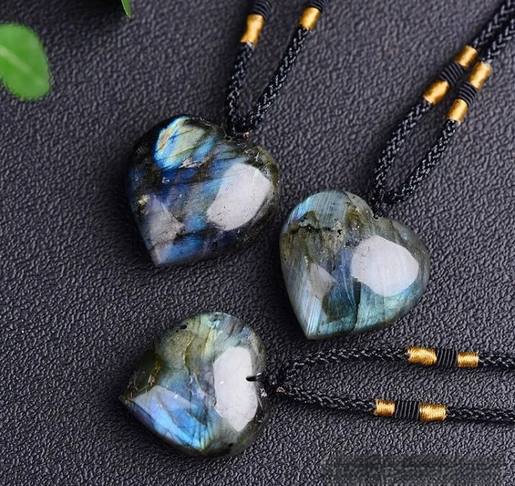 Blue labradorite and moonstone heart of the ocean pendant necklace on a chain