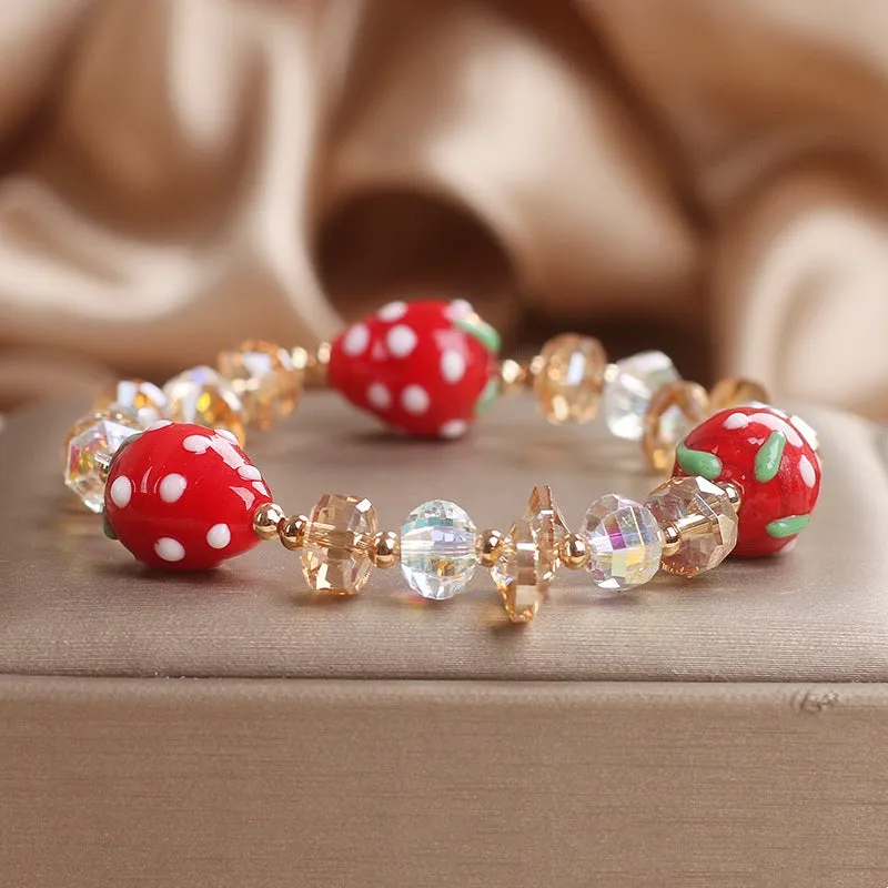 Red hand painted strawberry beaded bracelet for women with artificial crystal beads
