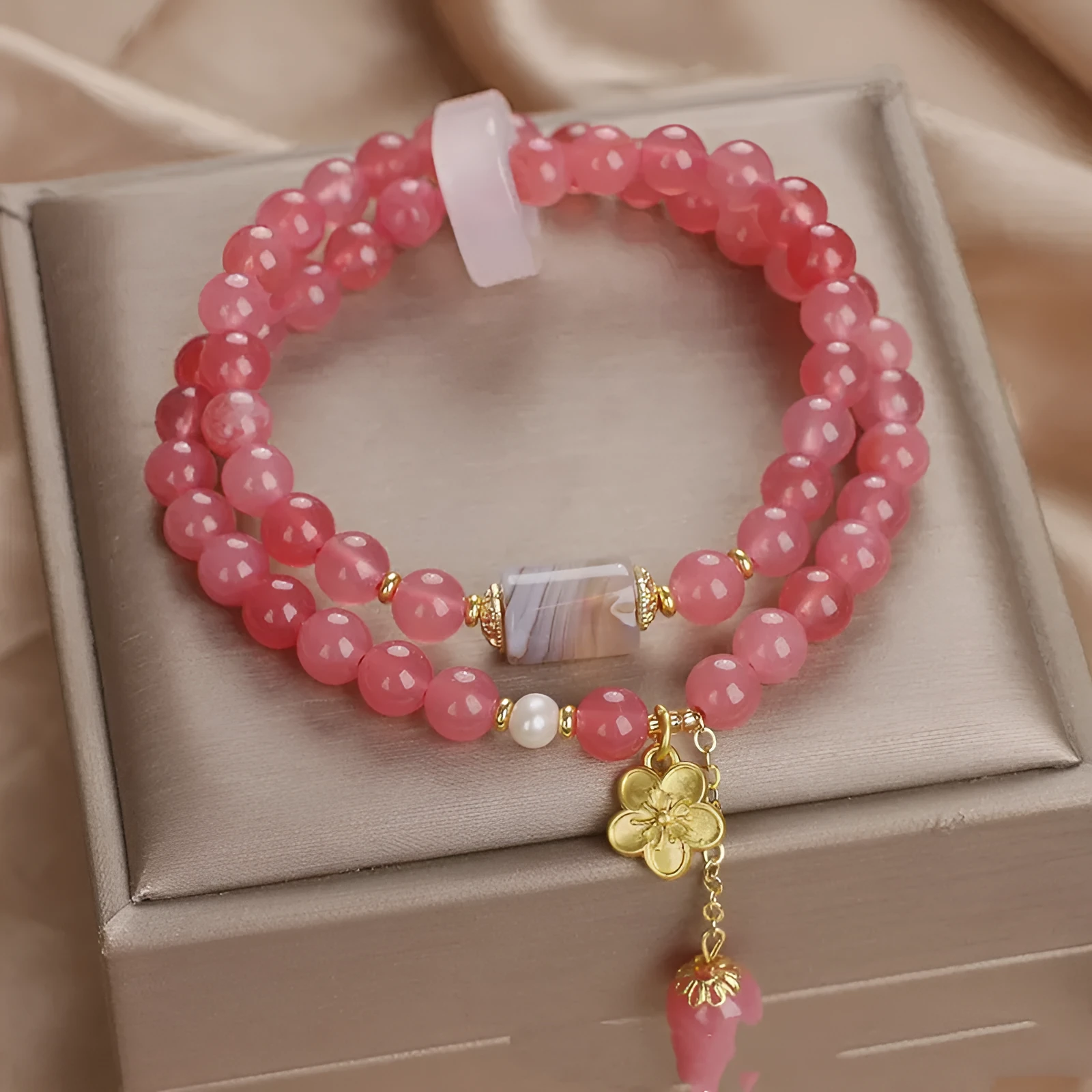 Natural pink chalcedony agate beaded bracelet with auspicious pattern for women
