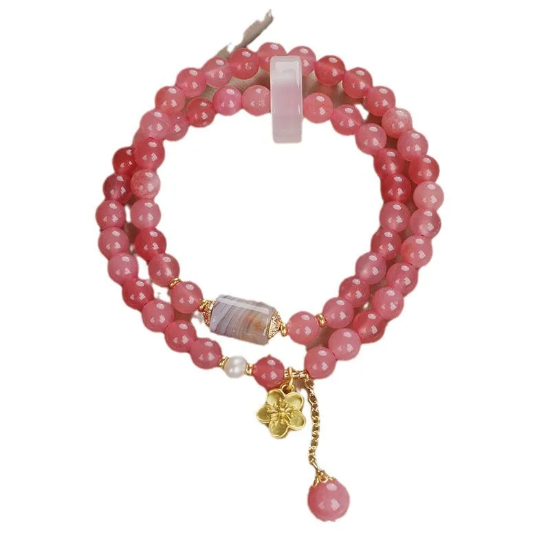 Natural pink chalcedony agate beaded bracelet with auspicious pattern for women