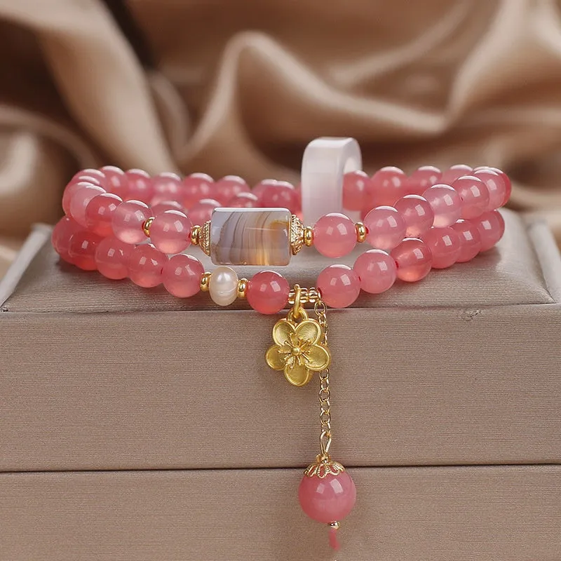 Natural pink chalcedony agate beaded bracelet with auspicious pattern for women