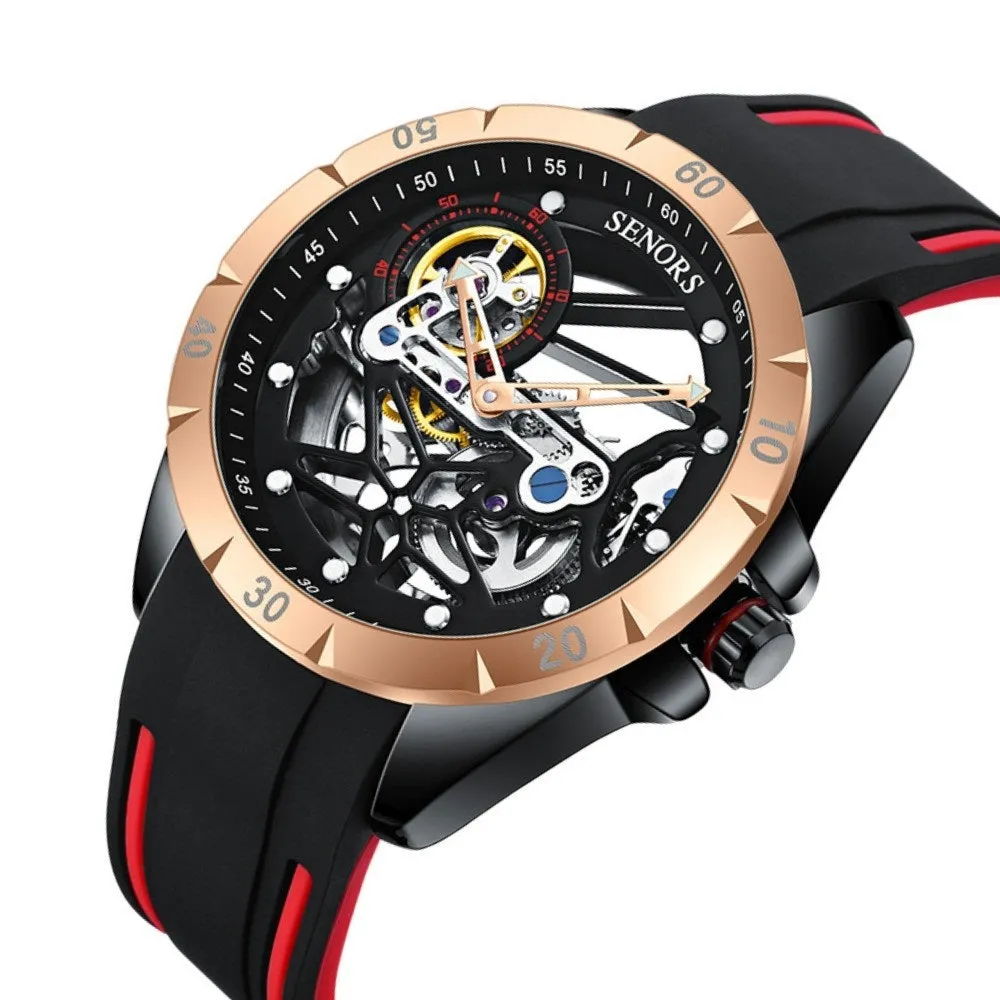 Men's full-automatic hollow design business watch with 16mm rose gold case showing mechanical movement