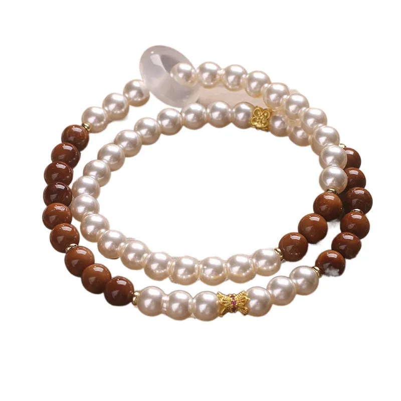Natural white freshwater pearl double-circle flexible ring bracelet with crystal beads, 34cm length