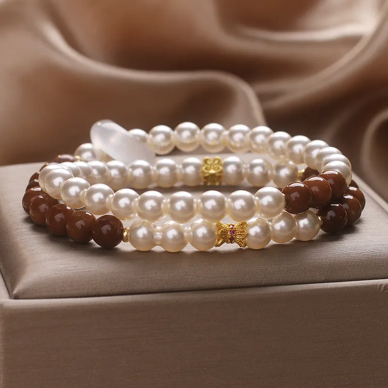 Natural white freshwater pearl double-circle flexible ring bracelet with crystal beads, 34cm length