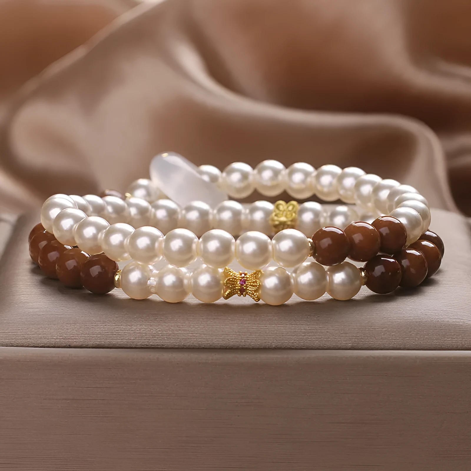 Natural white freshwater pearl double-circle flexible ring bracelet with crystal beads, 34cm length