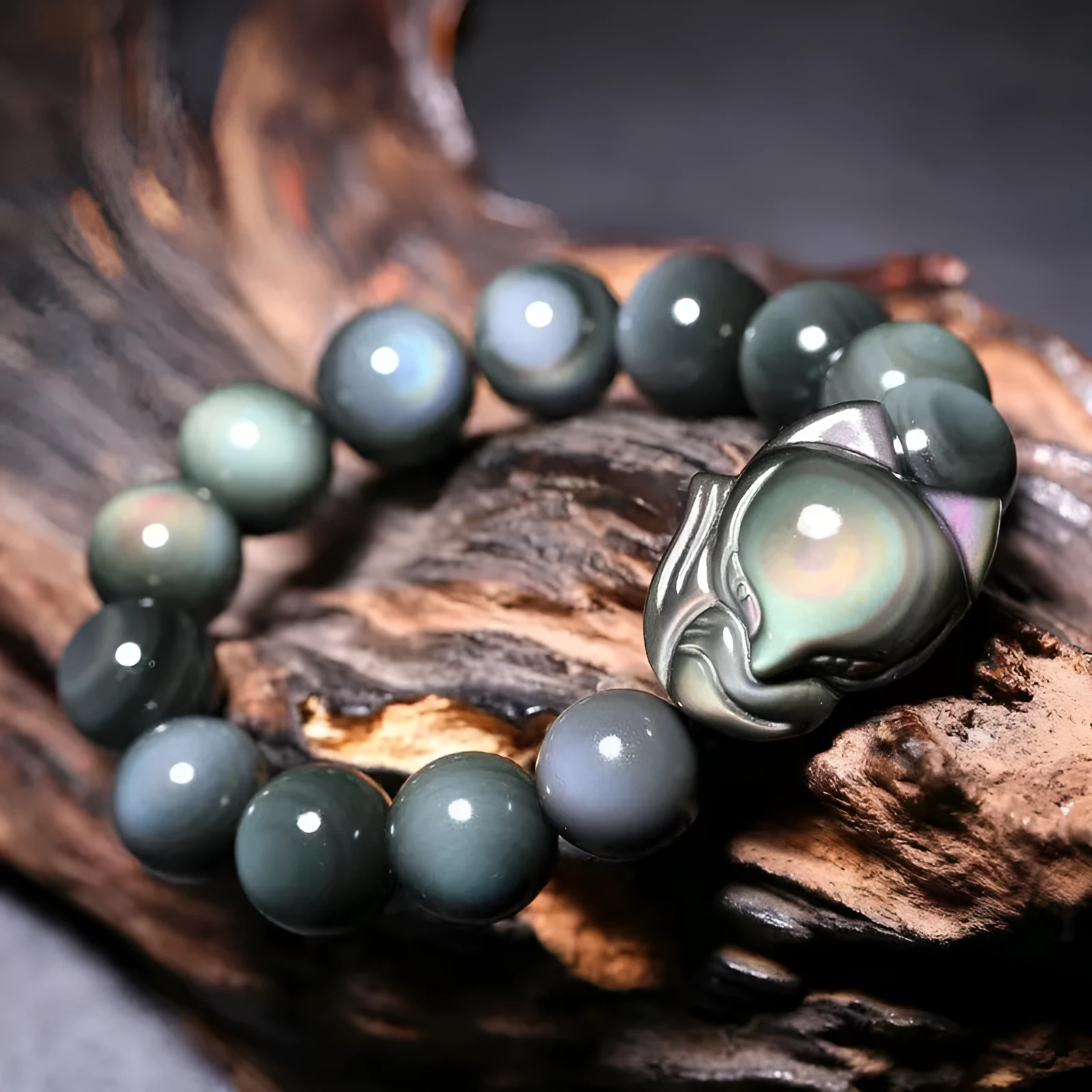Obsidian stone bracelet with carved fox design in cartoon style, shown in different diameter sizes.