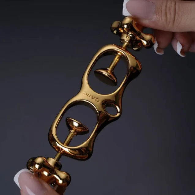 Copper U-shaped geometric lock finger ring with electroplated finish and circle triangle hexagon octagon quadrilateral motifs