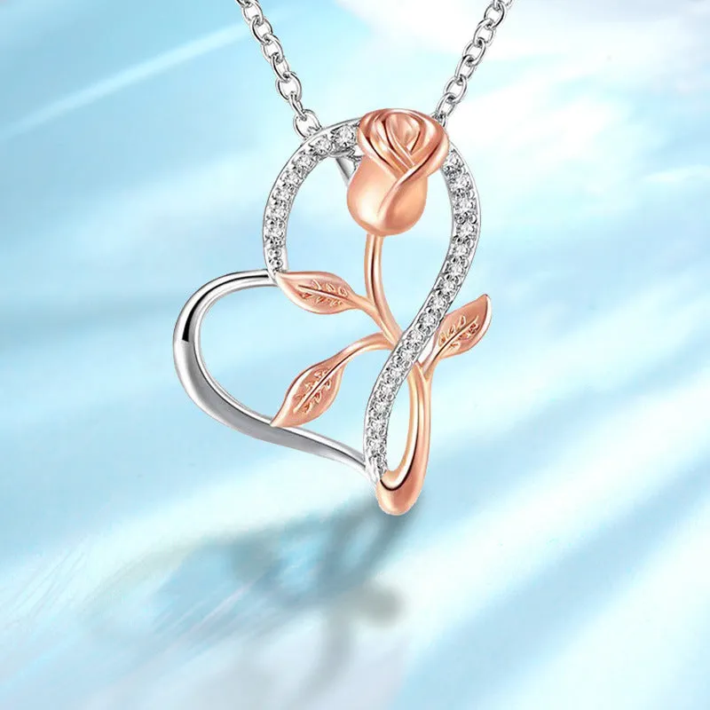 925 silver heart-shaped rose pendant necklace with electroplated finish on cross chain, unisex style