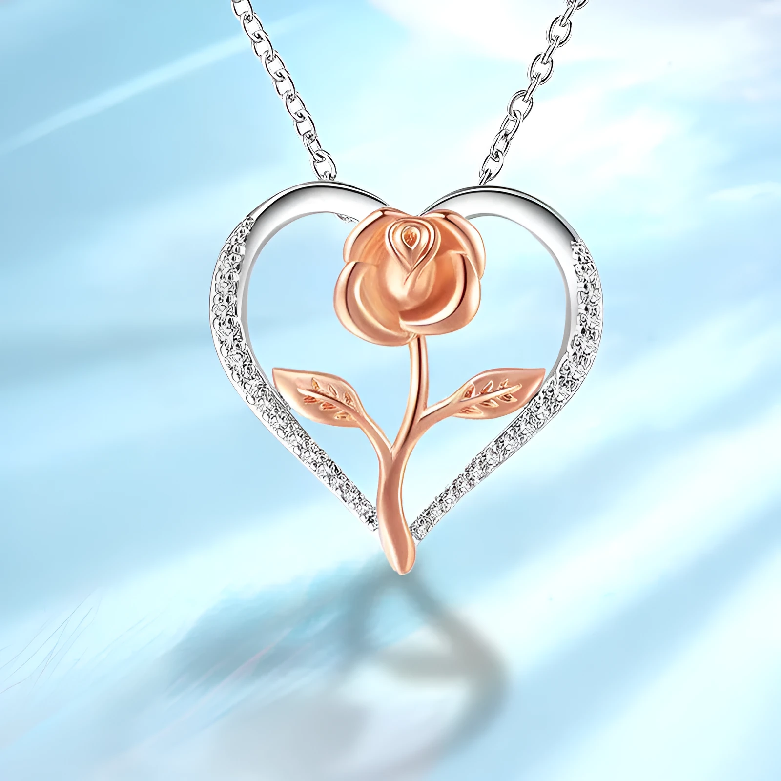 925 silver heart-shaped rose pendant necklace with electroplated finish on cross chain, unisex style