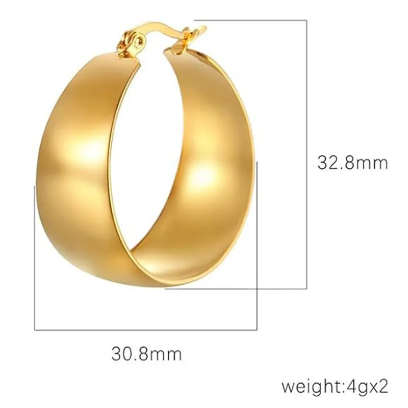 Widened curved stainless steel earrings in gold and steel colours showing 25mm and 30mm size options