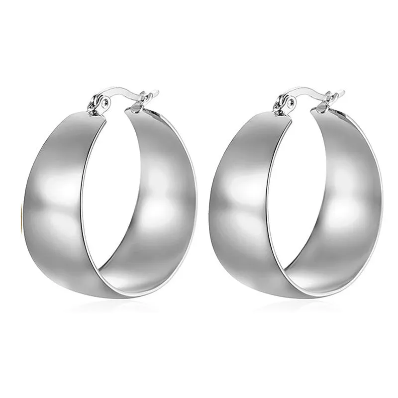 Widened curved stainless steel earrings in gold and steel colours showing 25mm and 30mm size options
