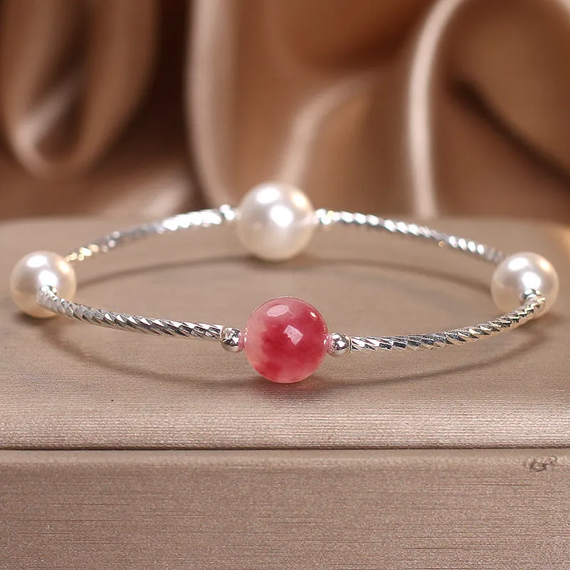 Niche design agate bracelet with sea-pattern stone and cherry blossom beads in blue and pink for women
