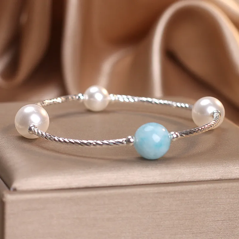 Niche design agate bracelet with sea-pattern stone and cherry blossom beads in blue and pink for women