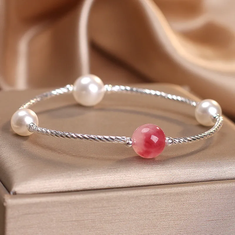 Niche design agate bracelet with sea-pattern stone and cherry blossom beads in blue and pink for women
