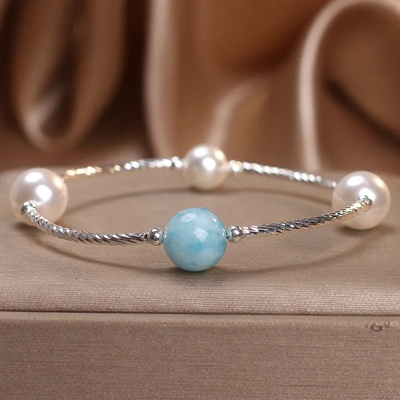 Niche design agate bracelet with sea-pattern stone and cherry blossom beads in blue and pink for women