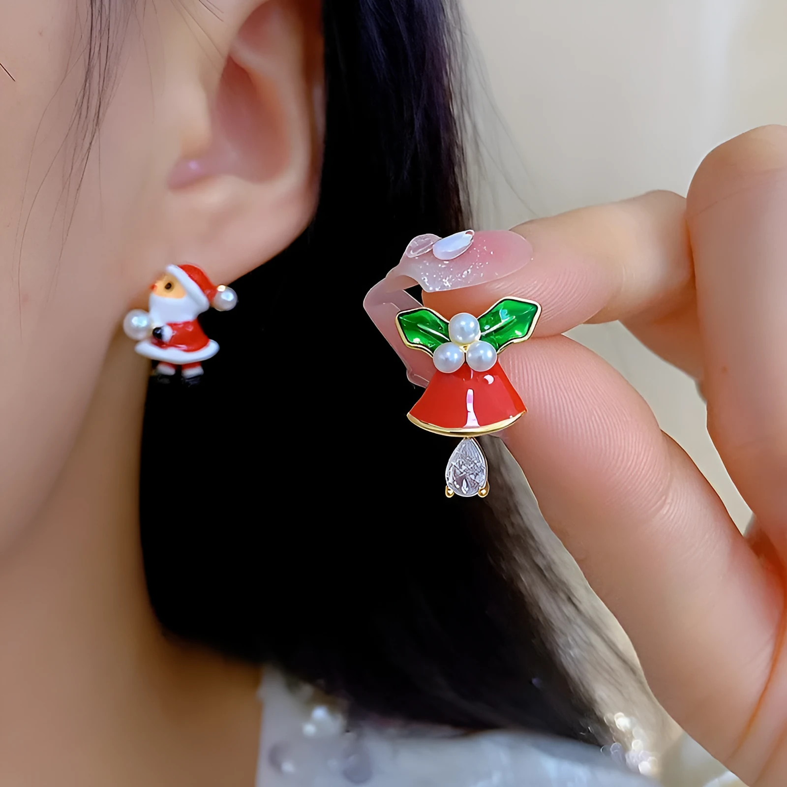 Pair of copper Christmas earrings with gold plating, cartoon Santa figure and jingling bell
