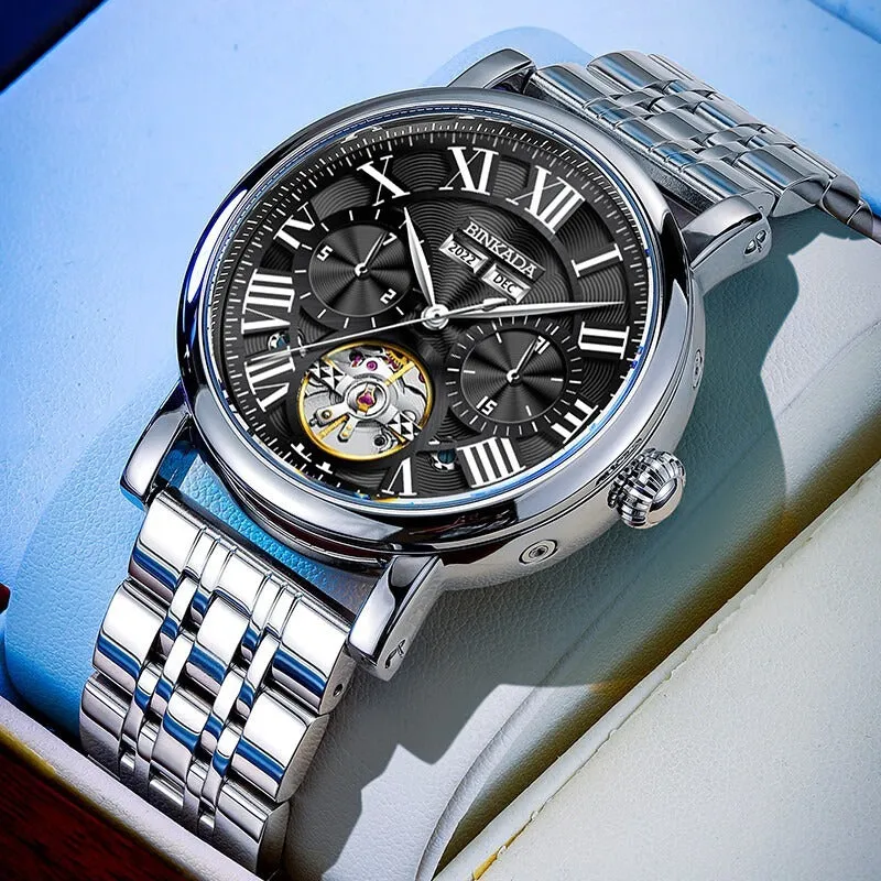 Men's automatic waterproof business watch with a steel strap in black or white colour.