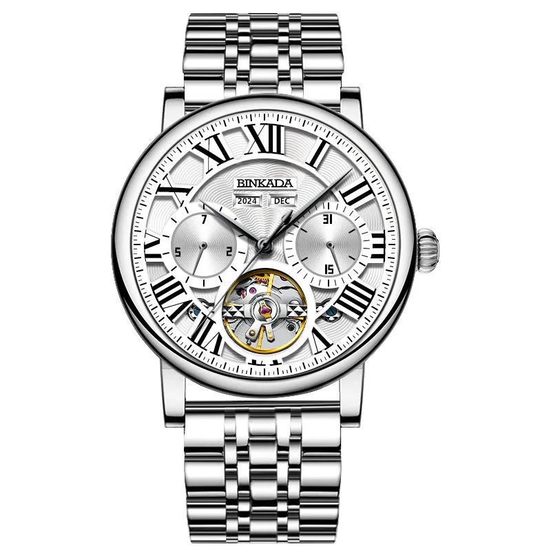 Men's automatic waterproof business watch with a steel strap in black or white colour.