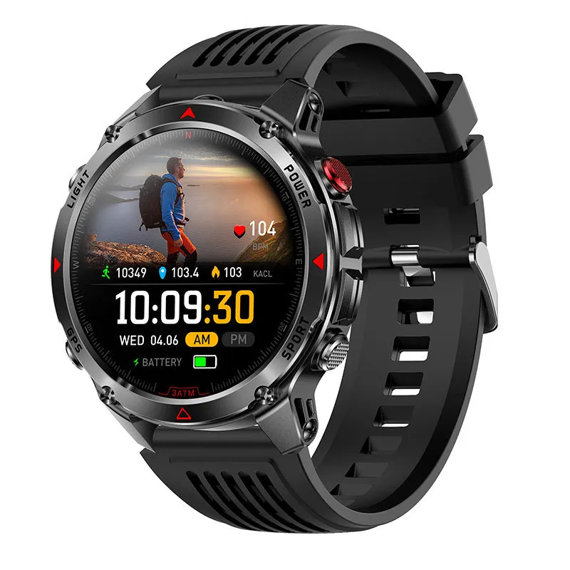 Black smart sports watch with GPS, flashlight, compass, Bluetooth calling, silicone strap, and TFT screen showing heart rate data