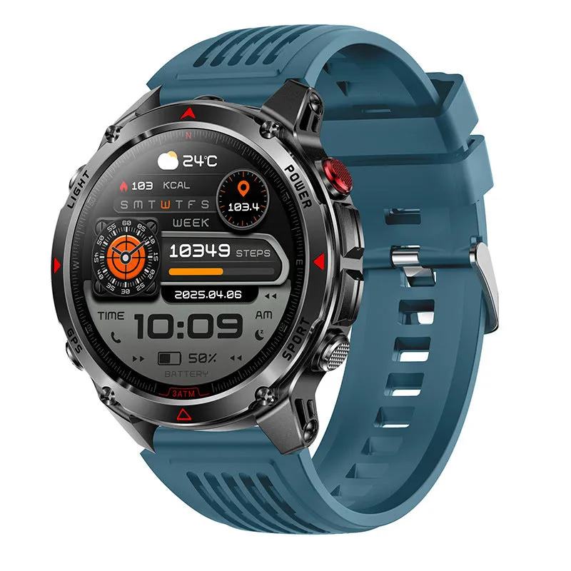 Black smart sports watch with GPS, flashlight, compass, Bluetooth calling, silicone strap, and TFT screen showing heart rate data