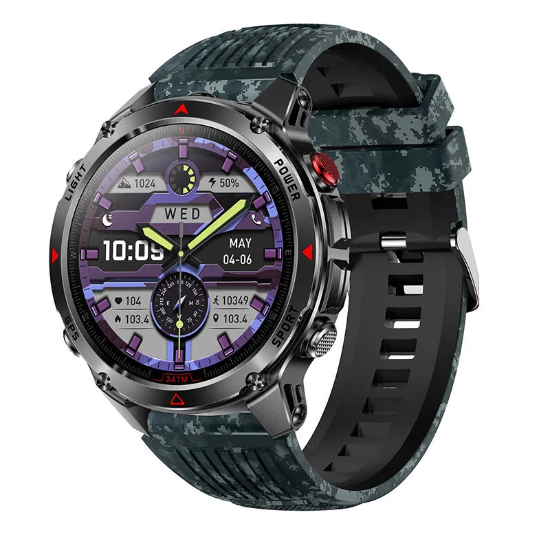 Black smart sports watch with GPS, flashlight, compass, Bluetooth calling, silicone strap, and TFT screen showing heart rate data
