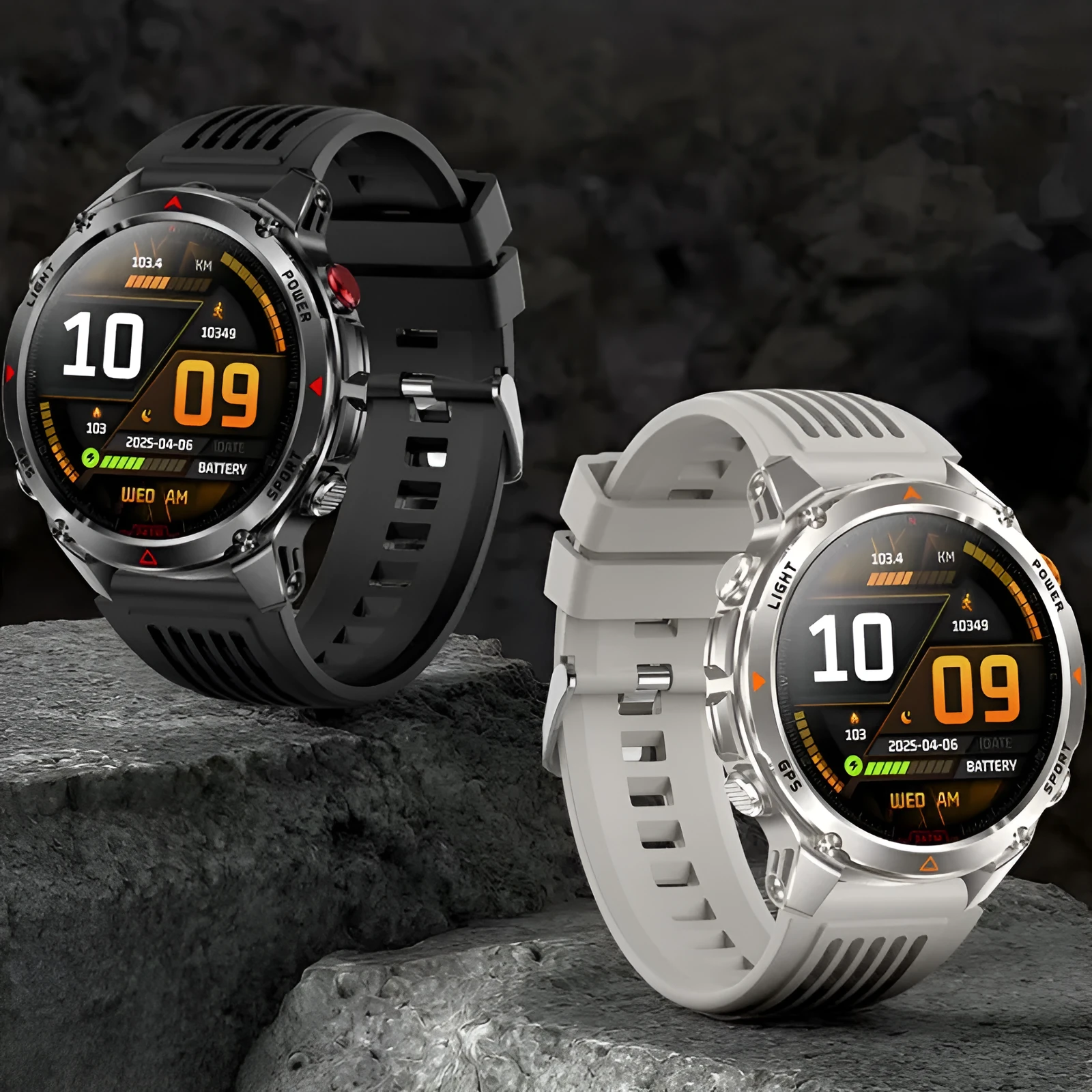 Black smart sports watch with GPS, flashlight, compass, Bluetooth calling, silicone strap, and TFT screen showing heart rate data