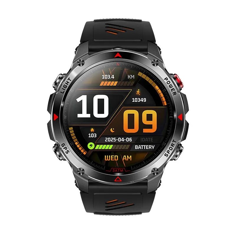 Black smart sports watch with GPS, flashlight, compass, Bluetooth calling, silicone strap, and TFT screen showing heart rate data