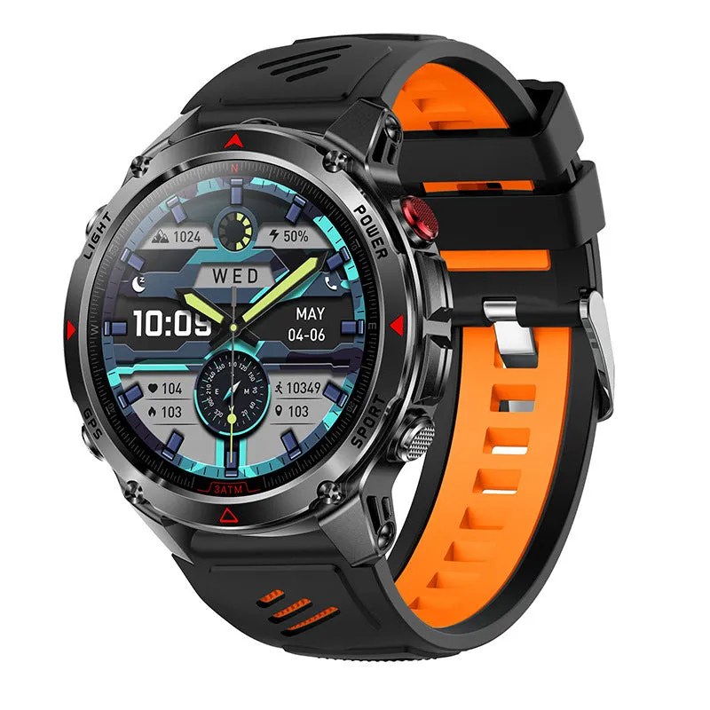 Black smart sports watch with GPS, flashlight, compass, Bluetooth calling, silicone strap, and TFT screen showing heart rate data