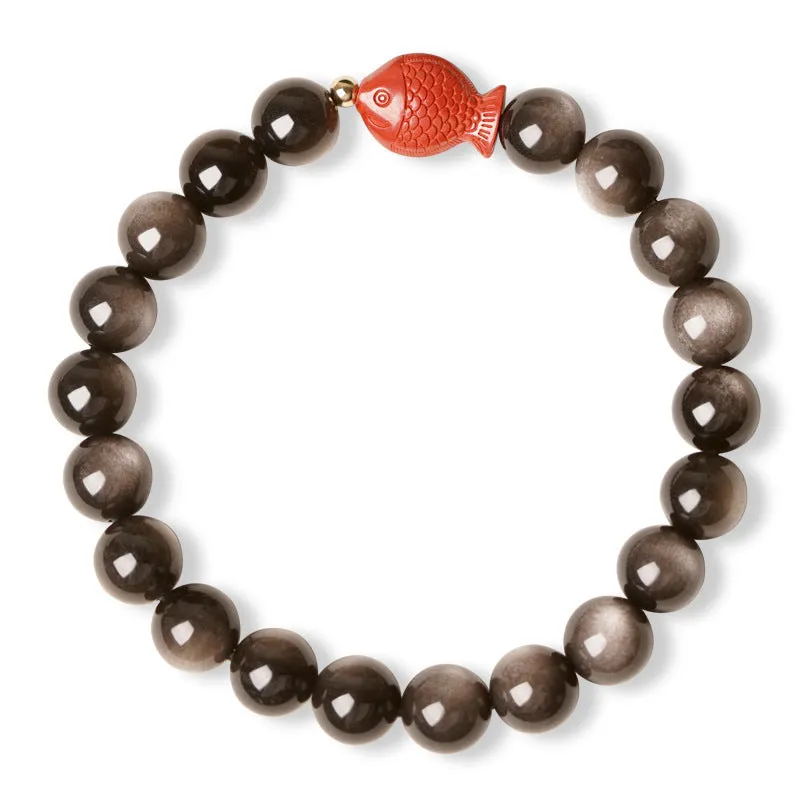 Natural obsidian crystal bracelet with round beads and cinnabar accents in three size options