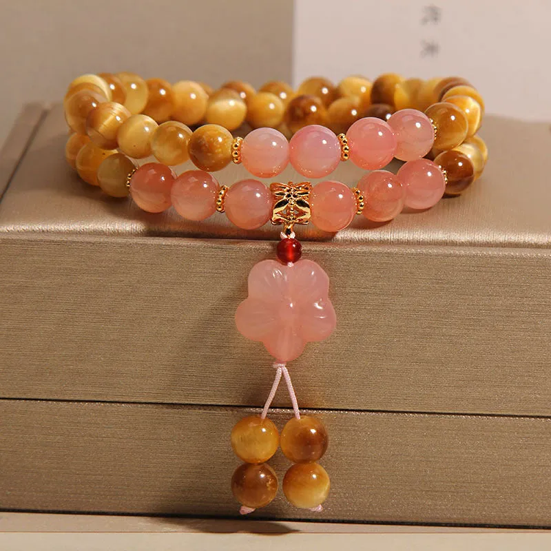 Chinese style tigereye double ring bracelet for women with crystal and pearl embellishments