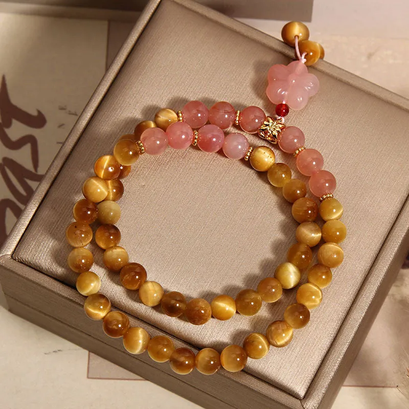 Chinese style tigereye double ring bracelet for women with crystal and pearl embellishments