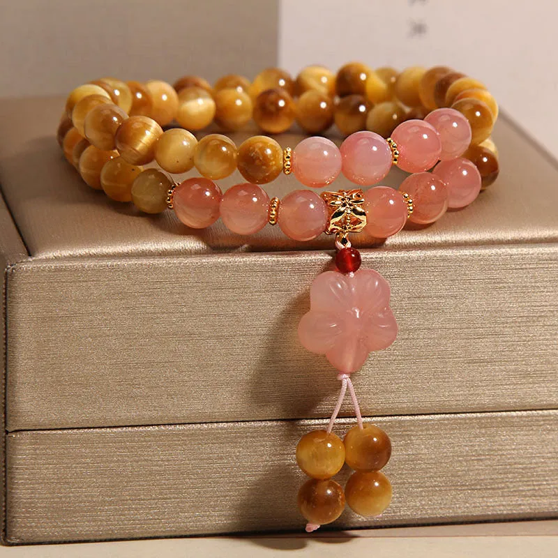 Chinese style tigereye double ring bracelet for women with crystal and pearl embellishments