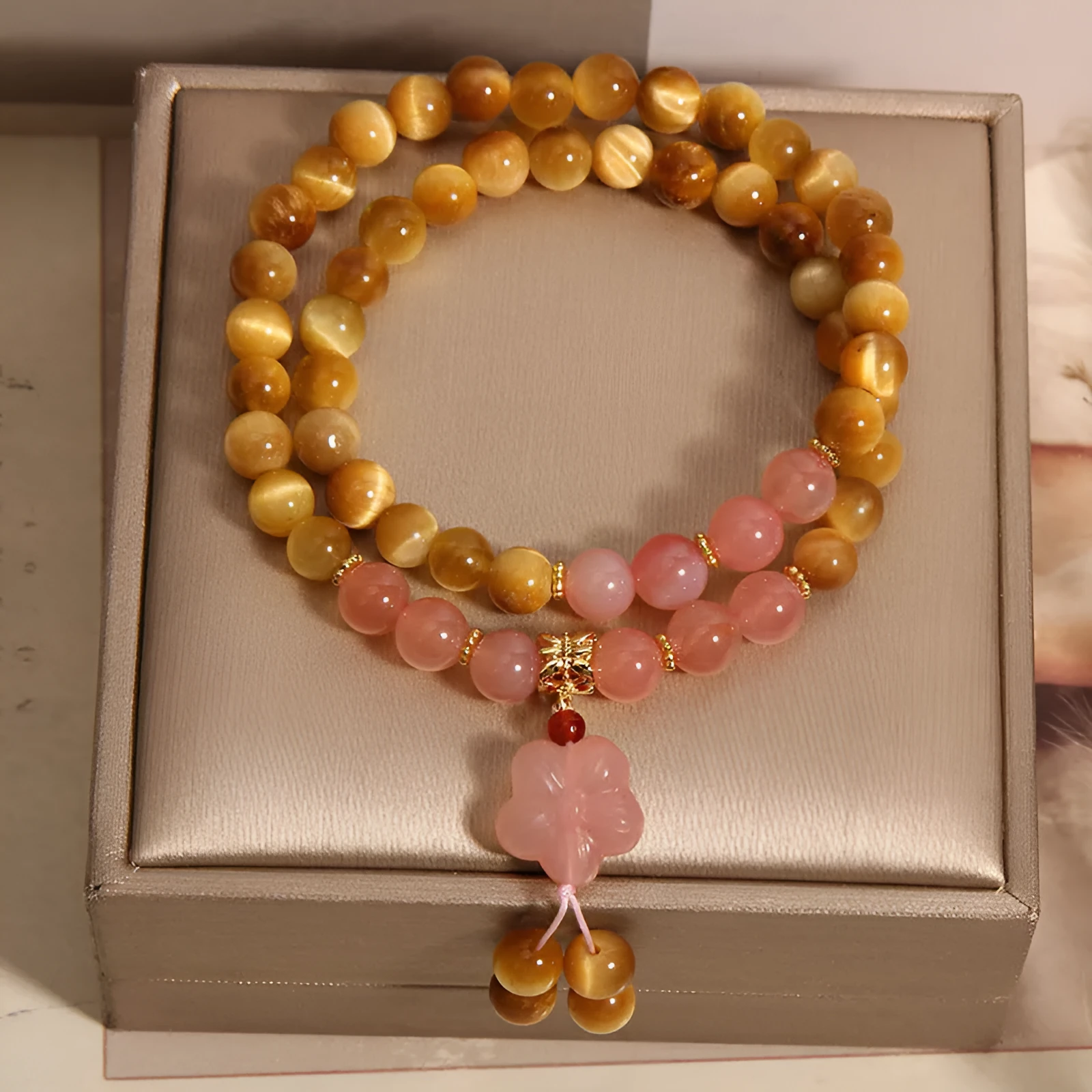 Chinese style tigereye double ring bracelet for women with crystal and pearl embellishments