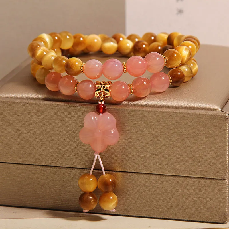 Chinese style tigereye double ring bracelet for women with crystal and pearl embellishments