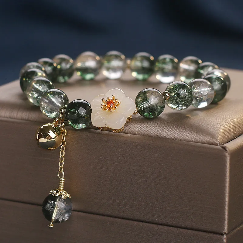 Green Phantom Quartz Crystal Bracelet Light Luxury Women's White Jade Flower Beaded Bracelet 17cm Length New Year Style Crystal Stone Jewellery
