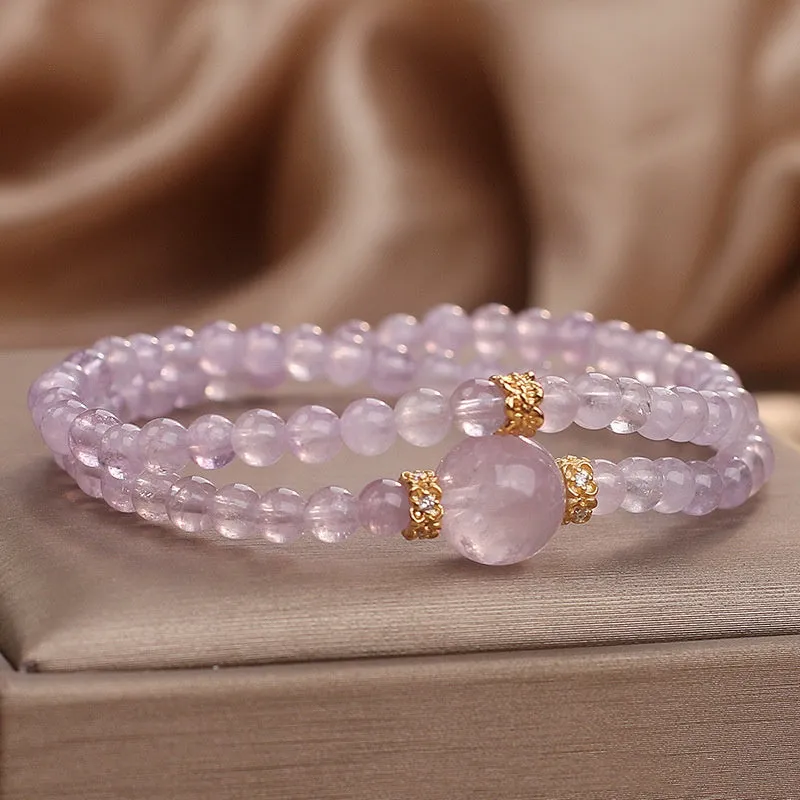 Natural amethyst double ring bracelet in light purple with crystal base, women's style