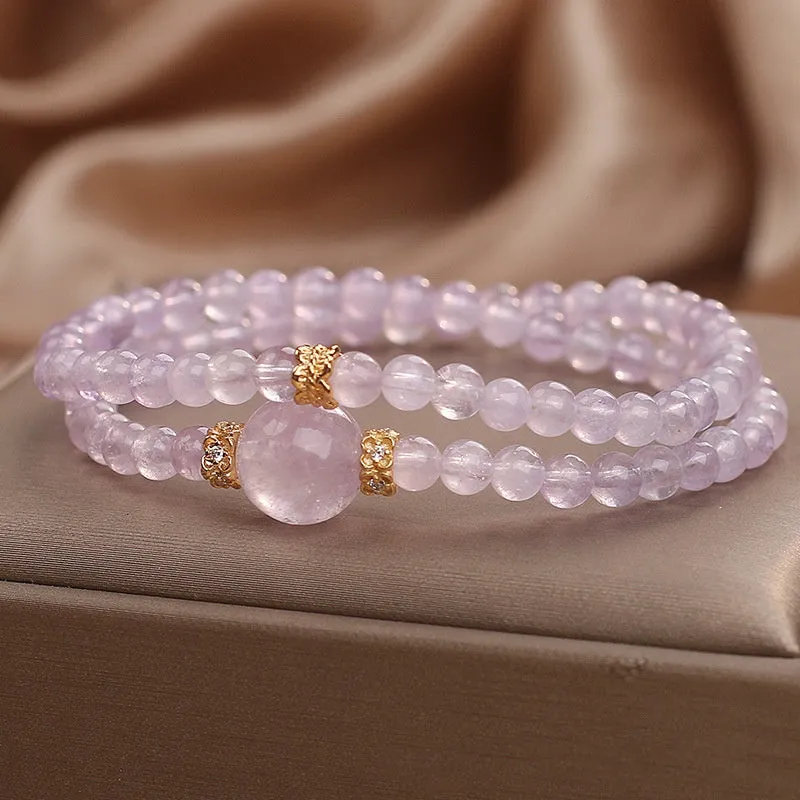 Natural amethyst double ring bracelet in light purple with crystal base, women's style