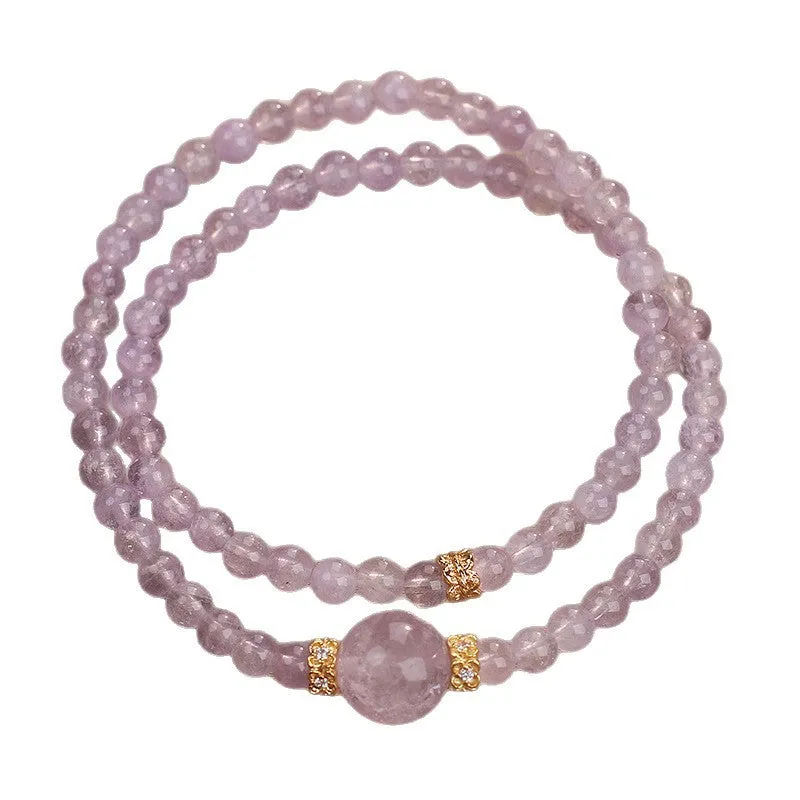 Natural amethyst double ring bracelet in light purple with crystal base, women's style
