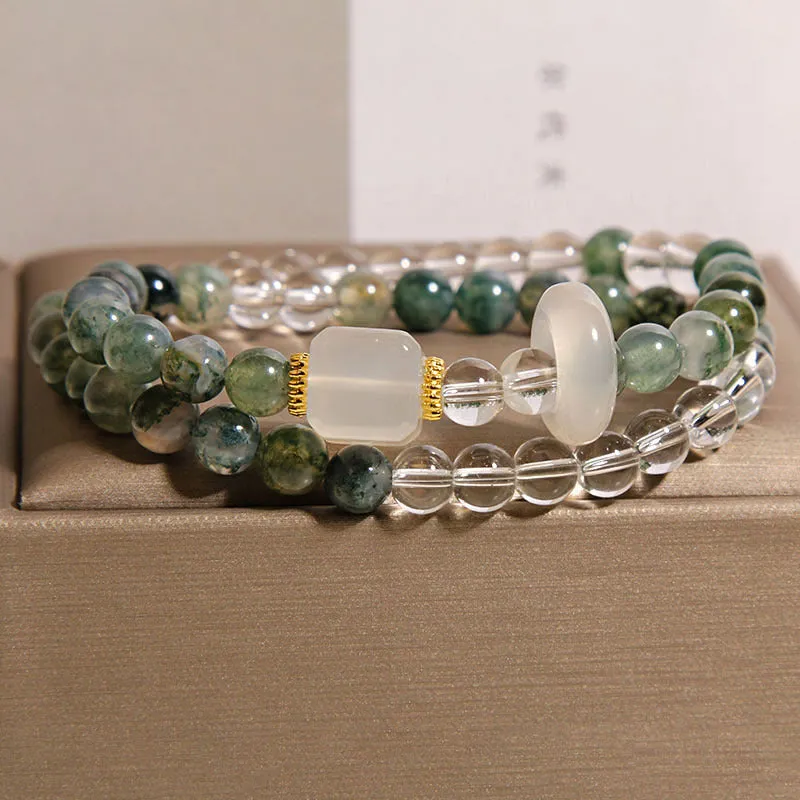 Double circle green grass agate and white agate cube sugar bracelet on a neutral background