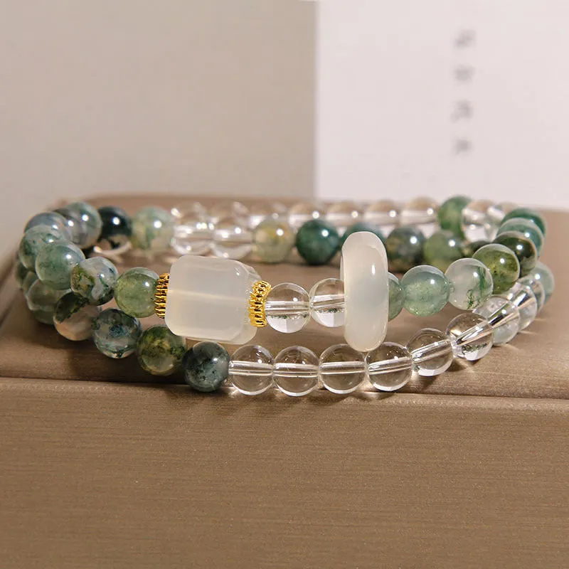 Double circle green grass agate and white agate cube sugar bracelet on a neutral background