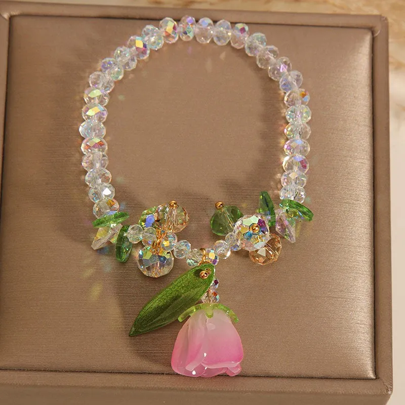 Lily Crystal Bracelet in pink artificial crystal with Japan South Korea style design