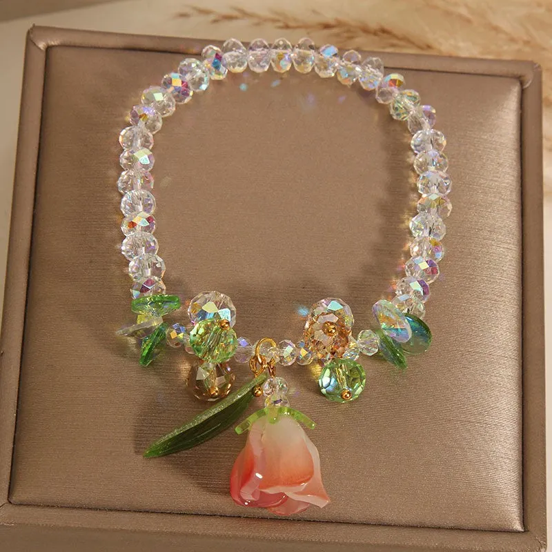 Lily Crystal Bracelet in pink artificial crystal with Japan South Korea style design