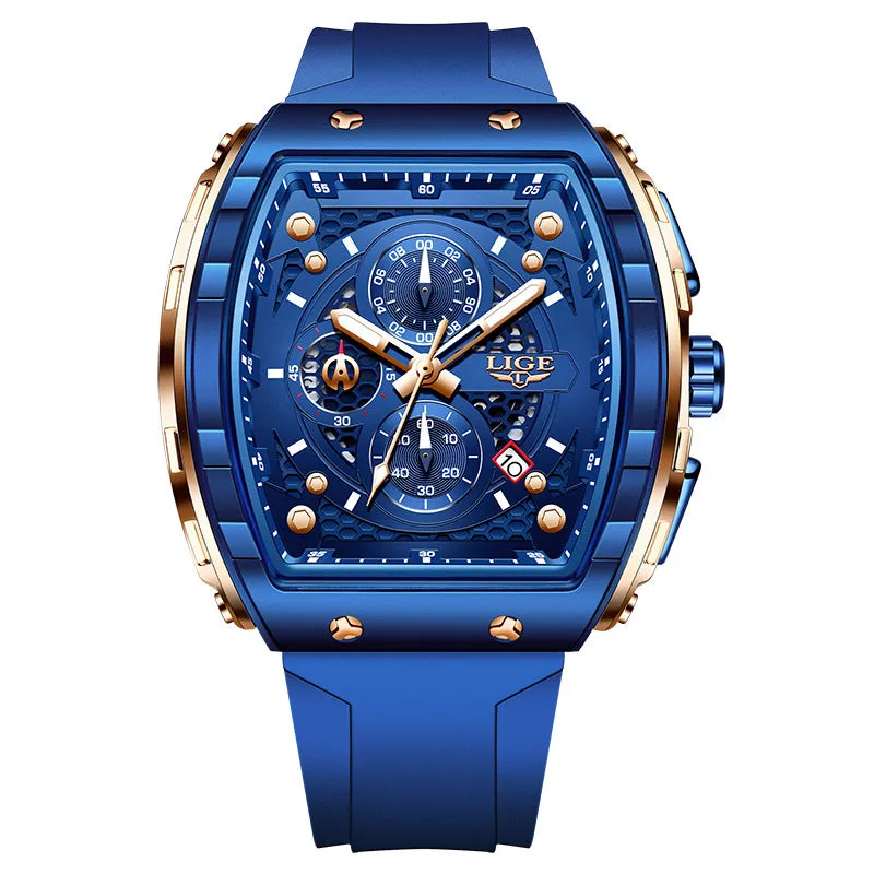 Men's sports quartz watch with 50mm luminous dial and mineral glass mirror, available in multiple colours