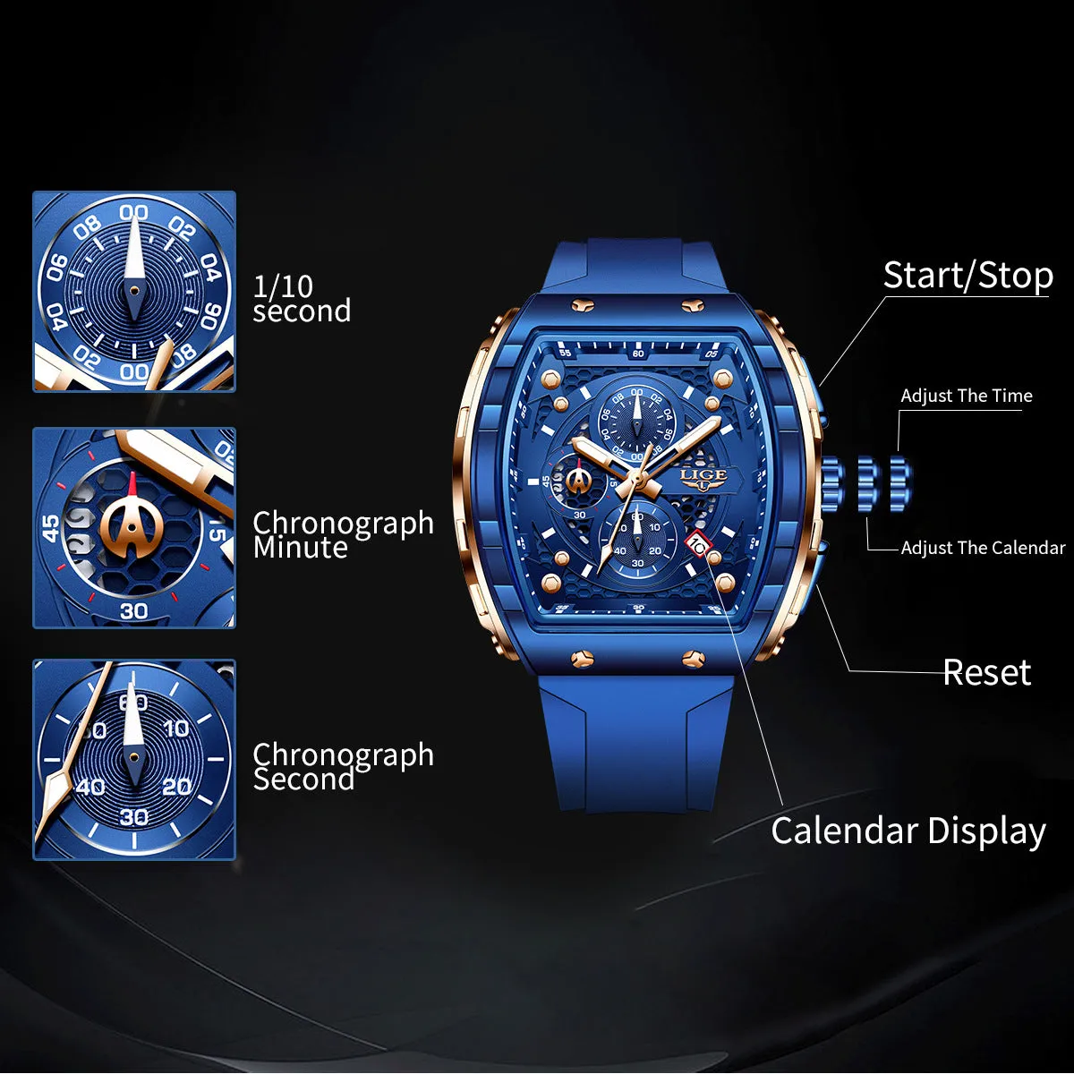 Men's sports quartz watch with 50mm luminous dial and mineral glass mirror, available in multiple colours
