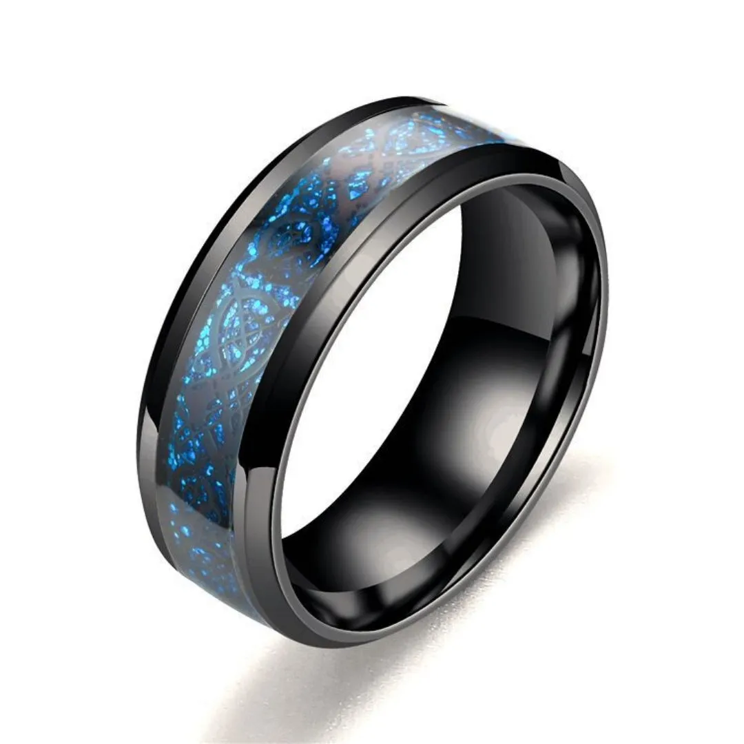 Two stainless steel rings with dragon pattern in blue and purple finish